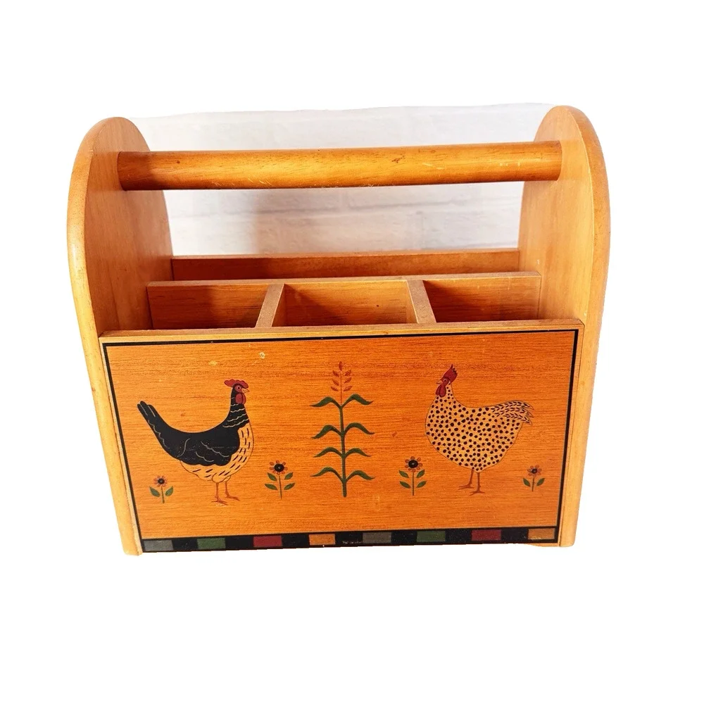 Vtg Kamenstein Wood Holder Silverware Utensil Caddy Chicken Rooster Cottage Core